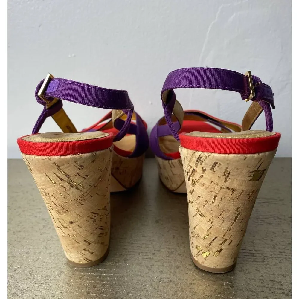 KATE SPADE SANDALS 10 PENNY PLATFORM CHUNKY CORK WEDGE HEELS STRAPPY RED PURPLE